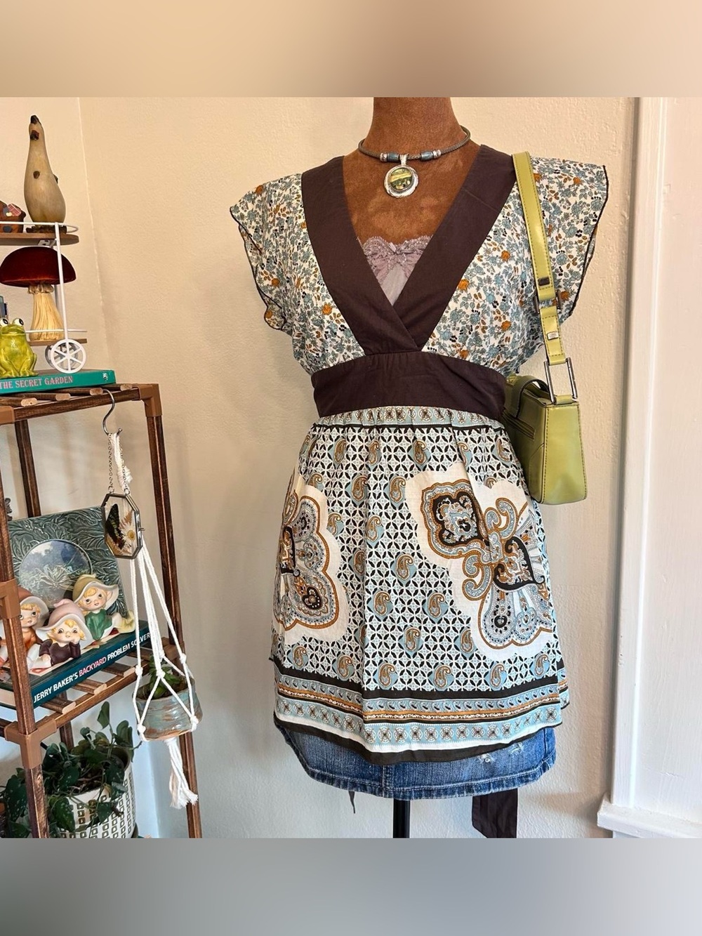 Vintage Y2K Boho Brown + Blue Floral Tie-Back Babydoll Top by Fire Los Angeles